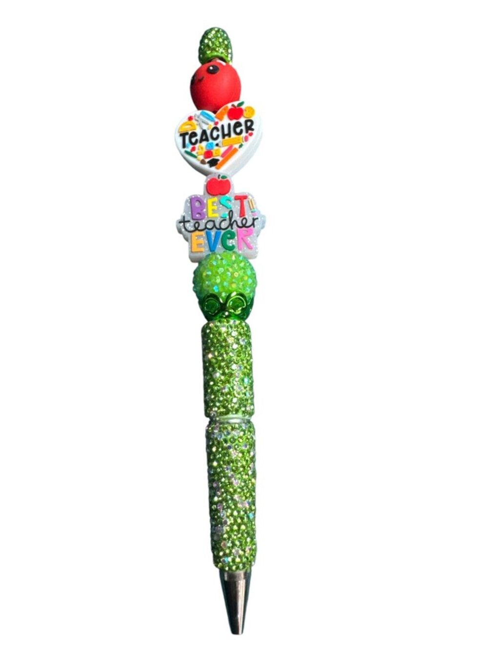 Best Teacher Ever Decorative Green Rhinestone Pen With Apple & Heart Accents
